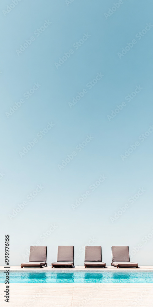 Fototapeta premium Relaxing lounge chairs by a serene pool under a clear blue sky in a tranquil setting on a sunny day