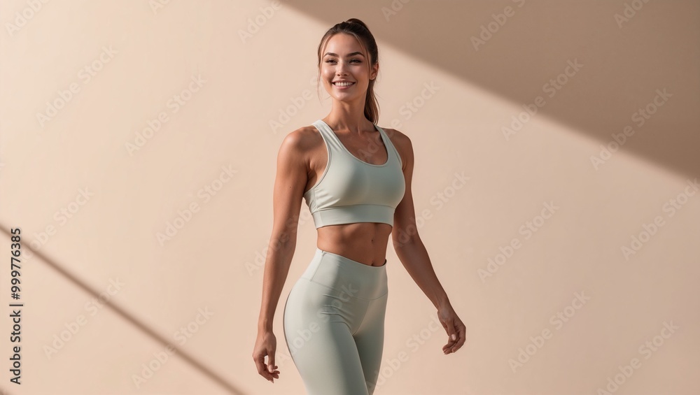 Obraz premium Sporty young woman in sportswear posing on beige background
