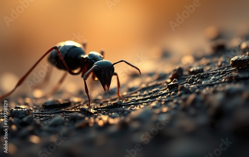 A macro close-up of an ant on a green leaf, showcasing its red and black body and antennae, with other small insects like flies and spiders adding to the detailed summer wildlife scene.






 photo