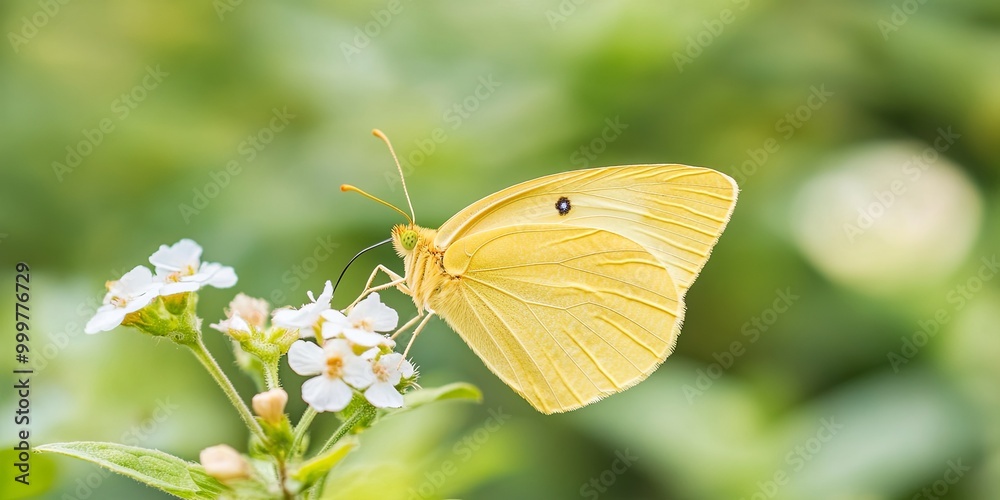 Fototapeta premium A vibrant yellow butterfly rests delicately on white flowers amidst a lush green background, symbolizing nature's beauty and tranquility.