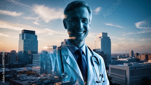 Portrait of smiling doctor with stethoscope against cityscape in the background