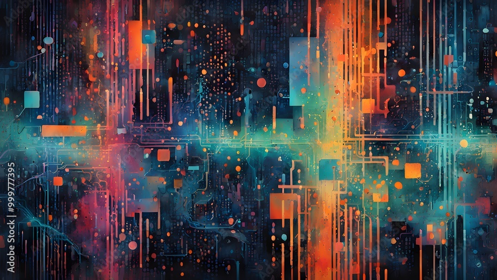 Obraz premium Abstract digital art with neon colored lines, shapes and dots on a dark blue background.