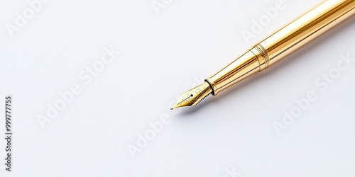 A close-up of a gold fountain pen resting on a blank white surface, emphasizing elegance and sophistication in writing tools.