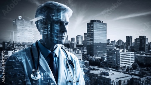 Portrait of senior doctor with stethoscope against cityscape background
