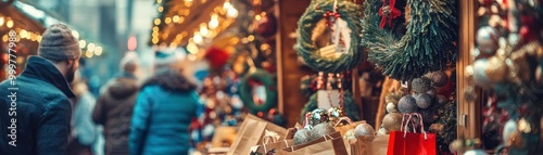 A festive holiday market scene with colorful decorations, Christmas wreaths, and shoppers enjoying the holiday spirit.