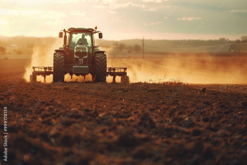 A tractor working in a field during sunset A tractor working in a field during sunset