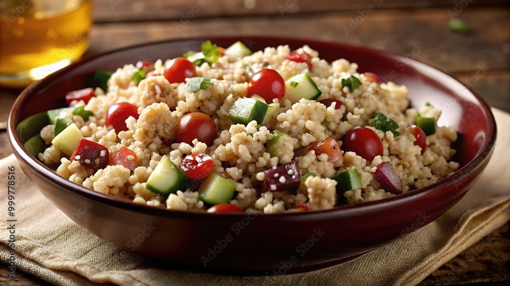 Fresh bulgur salad made with tomatoes, cucumbers, and herbs in a rustic bowl on a wooden table during a sunny afternoon Fresh bulgur salad made with tomatoes, cucumbers, and herbs in a rustic bowl on a wooden table during a sunny afternoon