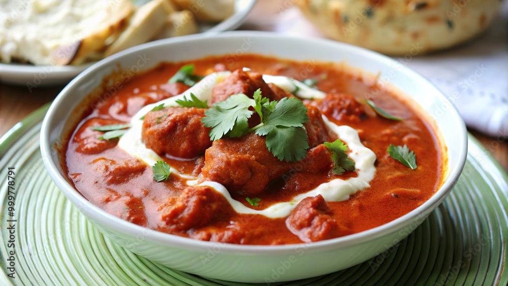 Delicious butter chicken murgh makhani served in a colorful bowl with herbs, showcasing traditional Indian cuisine at a cozy dining table Delicious butter chicken murgh makhani served in a colorful bowl with herbs, showcasing traditional Indian cuisine at a cozy dining table