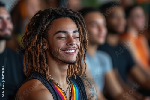 Smiling Young Man in a Crowd at Event