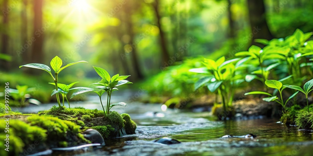 Green plants growing in a stream in the forest with shallow depth of field and reflected Green plants growing in a stream in the forest with shallow depth of field and reflected