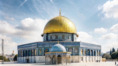 Al-Aqsa Mosque located in Jerusalem, a magnificent mosque building with a golden dome