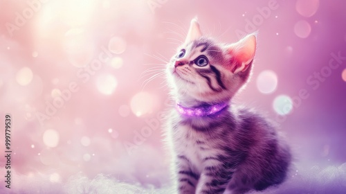 A playful kitten with oversized ears, sparkling eyes, and a magical glowing collar, standing on a soft lavender background
