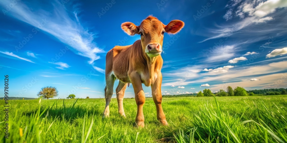 A charming calf rests amid vibrant green grass, enjoying a sunny day under a clear blue sky, surrounded A charming calf rests amid vibrant green grass, enjoying a sunny day under a clear blue sky, surrounded