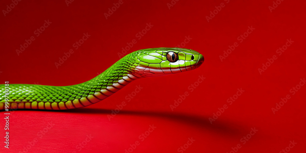 Obraz premium A vibrant green snake is coiled on a bright red background, highlighting the contrast between its smooth scales and the bold backdrop.