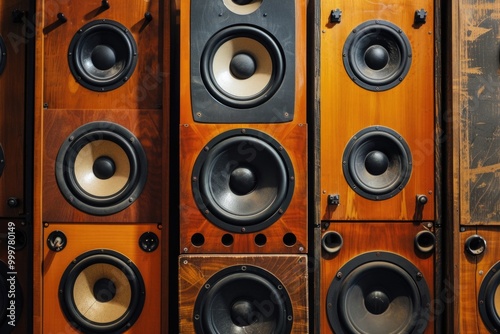 A pile of speakers stacked on top of each other in a compact space