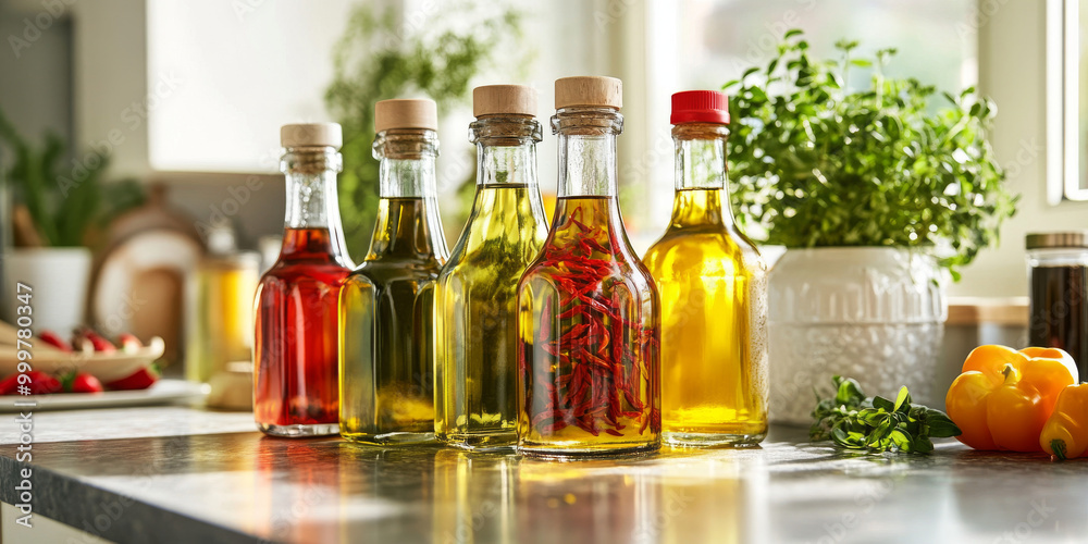 Various infused oils in glass bottles displayed on a kitchen counter with herbs, peppers, and vibrant ingredients, capturing a fresh and culinary ambiance.
Various infused oils in glass bottles displayed on a kitchen counter with herbs, peppers, and vibrant ingredients, capturing a fresh and culinary ambiance.