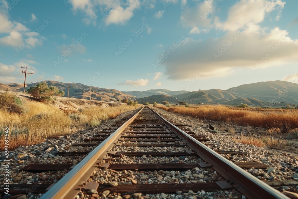 A scenic view of a train track cutting through a green field with majestic mountains in the background A scenic view of a train track cutting through a green field with majestic mountains in the background