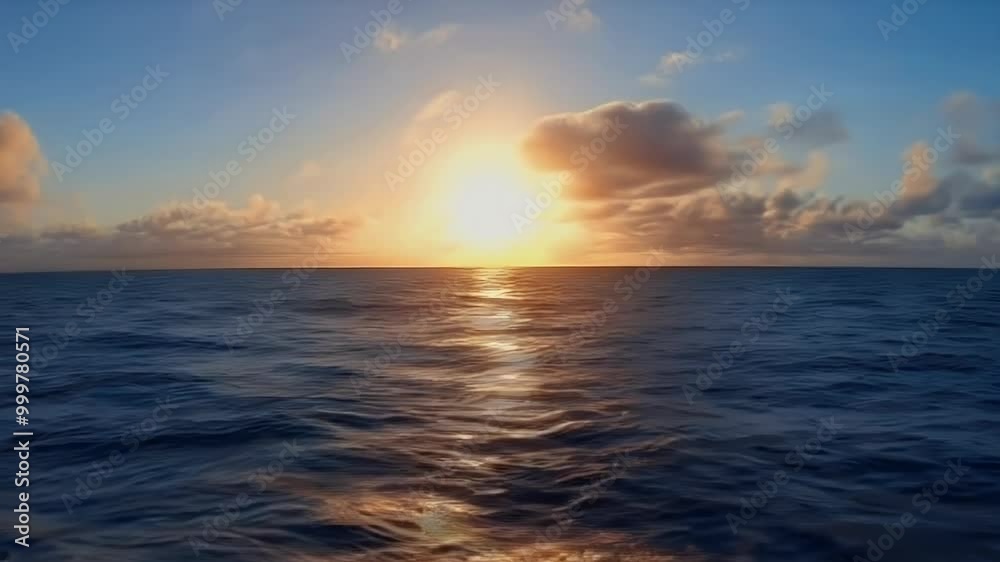A golden sunset casts a warm glow on the rippling surface of the ocean, with fluffy white clouds in the sky. A golden sunset casts a warm glow on the rippling surface of the ocean, with fluffy white clouds in the sky.
