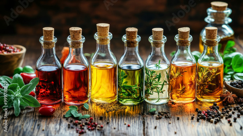 Various infused oils in glass bottles displayed on a kitchen counter with herbs, peppers, and vibrant ingredients, capturing a fresh and culinary ambiance. 