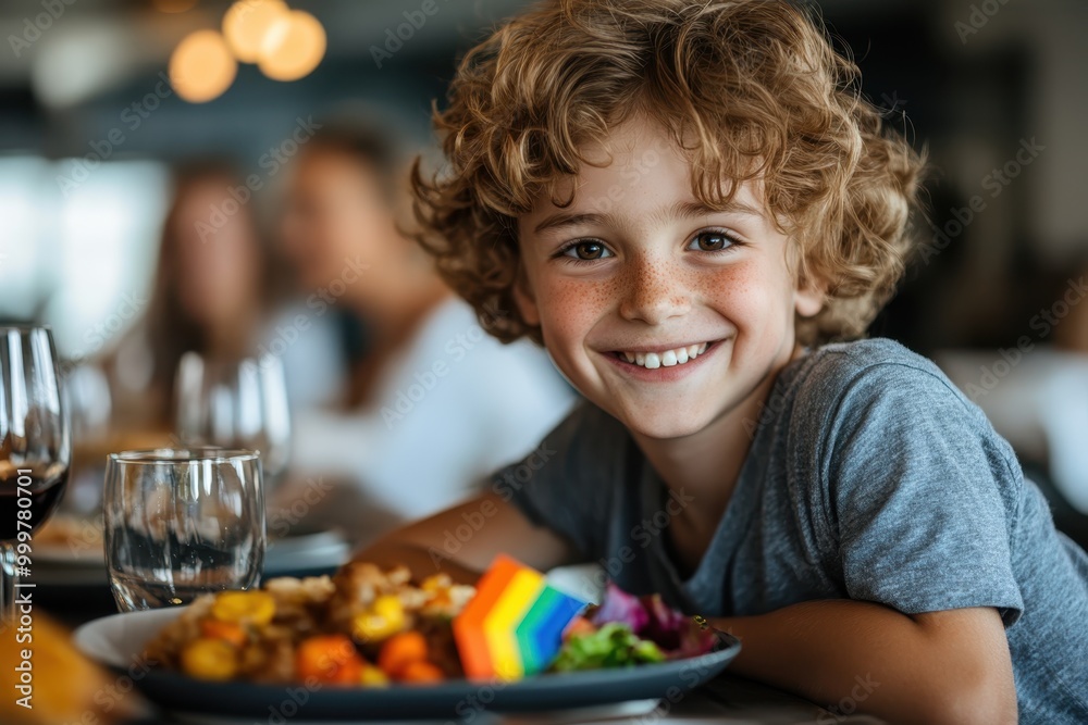 Happy Boy Enjoying Colorful Meal at Family Gathering Happy Boy Enjoying Colorful Meal at Family Gathering
