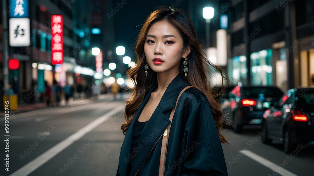 Fototapeta premium Asian beautiful female model standing amidst night city street