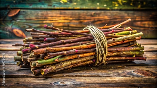 A delightful assortment of twigs and sticks, gathered and bound with natural twine, rests on a wooden surface,