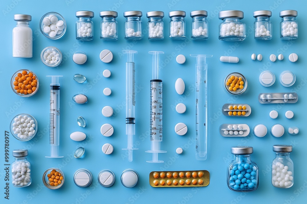 Medicine background for presentation with pills and drugs, AI generated Medicine background for presentation with pills and drugs, AI generated