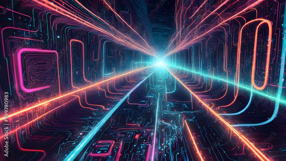 Obraz premium Abstract futuristic tunnel with glowing neon lines and digital circuit board patterns.