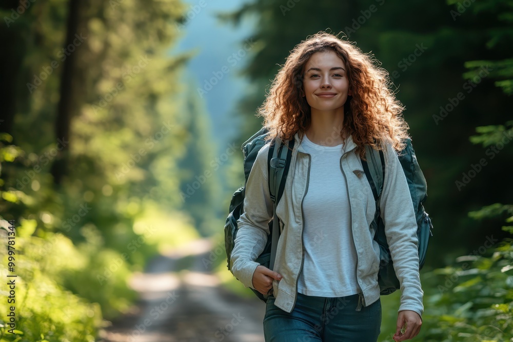 Happy Hiker Walking Through Forest Trails Happy Hiker Walking Through Forest Trails