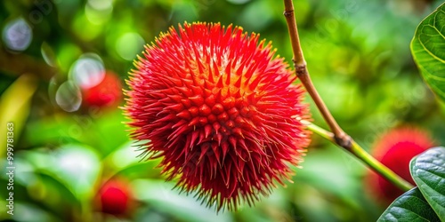 Against a lush natural background, a vibrant red spiky fruit showcases an exceptional texture and rich color contrast,