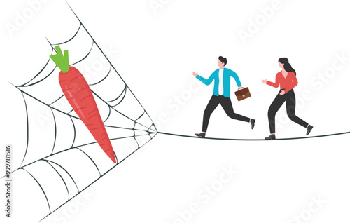 Incentive system, businessman chasing carrots in the hands of giants

