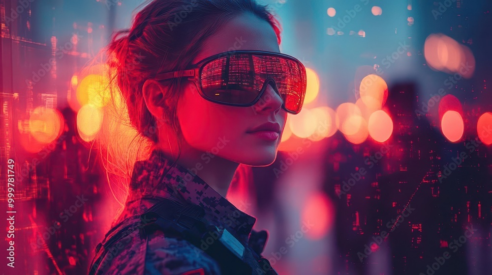 radiant female officer in vibrant uniform engaging colleagues geometric neon backdrop with laserlike patterns futuristic cityscape silhouette radiant female officer in vibrant uniform engaging colleagues geometric neon backdrop with laserlike patterns futuristic cityscape silhouette