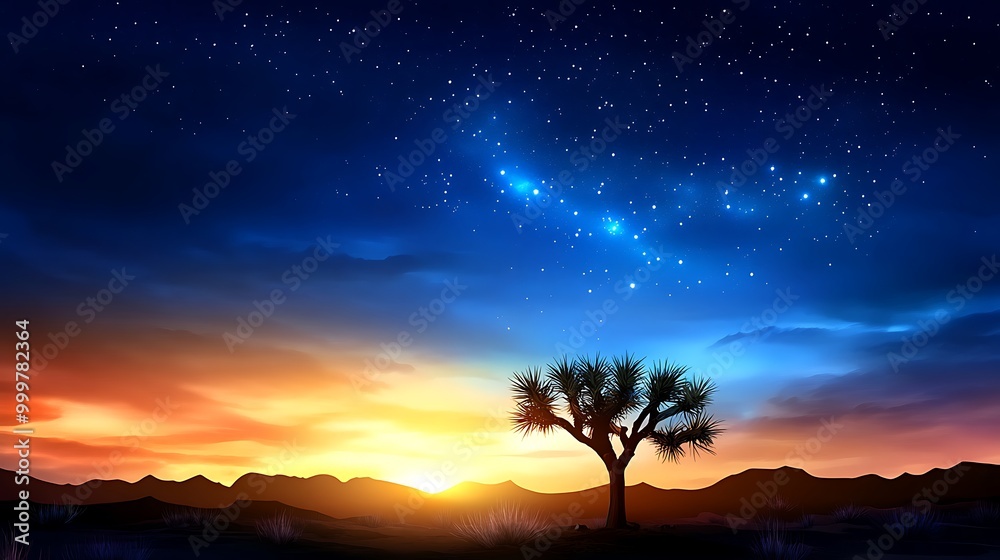 Joshua Tree Silhouette Against Sunset and Starry Sky Joshua Tree Silhouette Against Sunset and Starry Sky