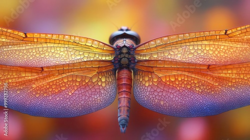 rainbowhued dragonfly wings closeup showcasing intricate patterns and textures the colorful backdrop enhances the beauty of nature perfect for nature enthusiasts and artistic presentations photo