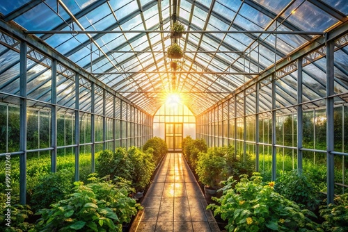 Greenhouse interior with sunlight filtering through plants creating symmetrical patterns