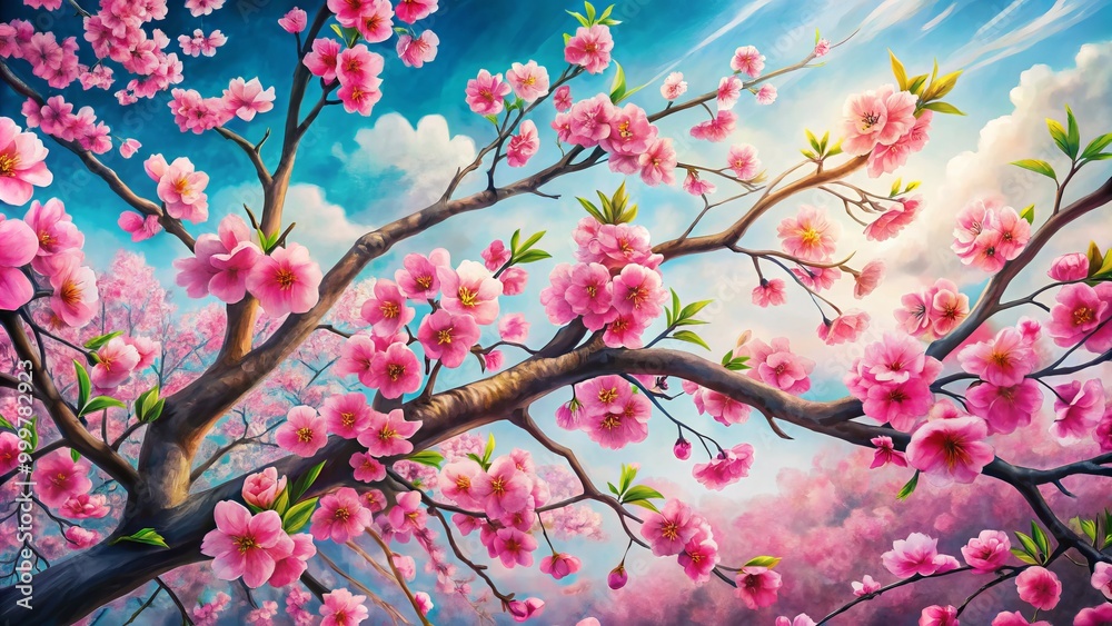 A stunning, hand-crafted cherry blossom tree illustration radiates vibrant pink flowers and elegantly arching branches,
