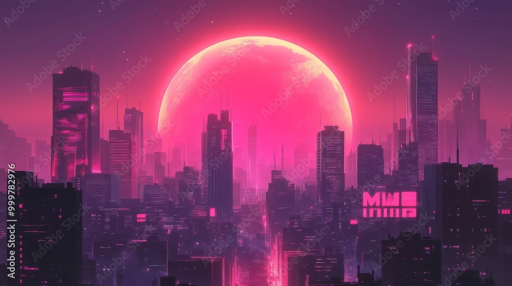 Obraz premium Asset Cool retro futuristic synthwave background with night dystopian cityscape and gigantic pink planet or sun silhouette. Vector flat design on dark sci-fi megalopolis with neon lights