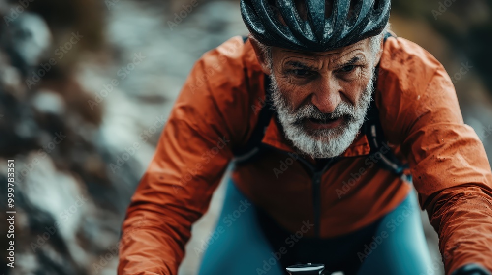 A powerful image of a mature cyclist ascending a rugged mountain path with intense focus and determination, highlighting outdoor adventure, physical fitness, and endurance. A powerful image of a mature cyclist ascending a rugged mountain path with intense focus and determination, highlighting outdoor adventure, physical fitness, and endurance.