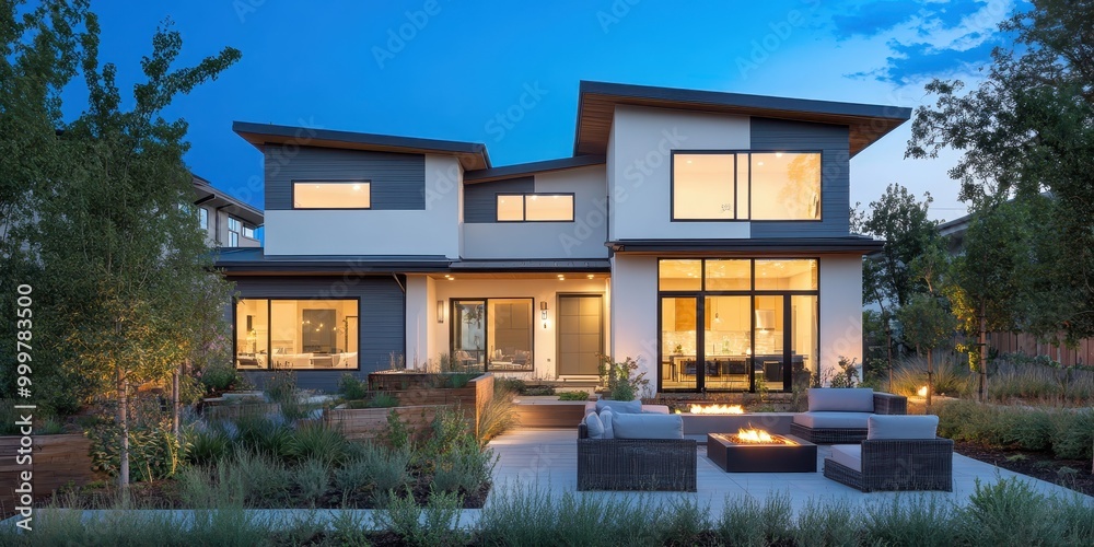 Obraz premium Modern house exterior with outdoor seating and fire pit in a landscaped setting at dusk.