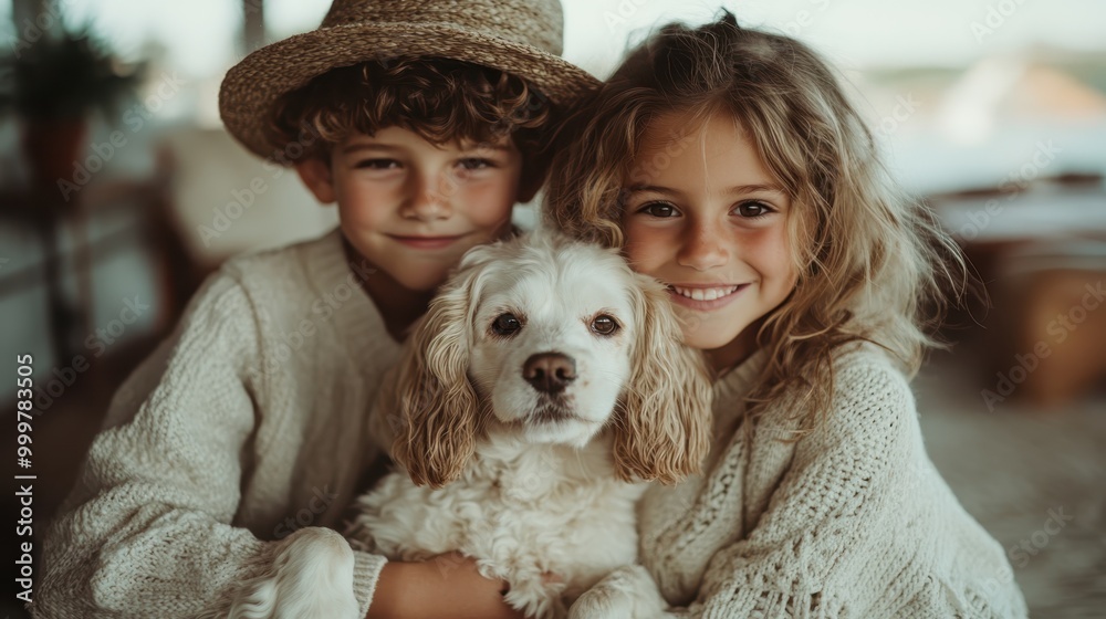 Two gleeful children happily embrace a fluffy dog in a cozy setting, portraying warmth and affection, illustrating friendship and innocence amid a loving environment. Two gleeful children happily embrace a fluffy dog in a cozy setting, portraying warmth and affection, illustrating friendship and innocence amid a loving environment.