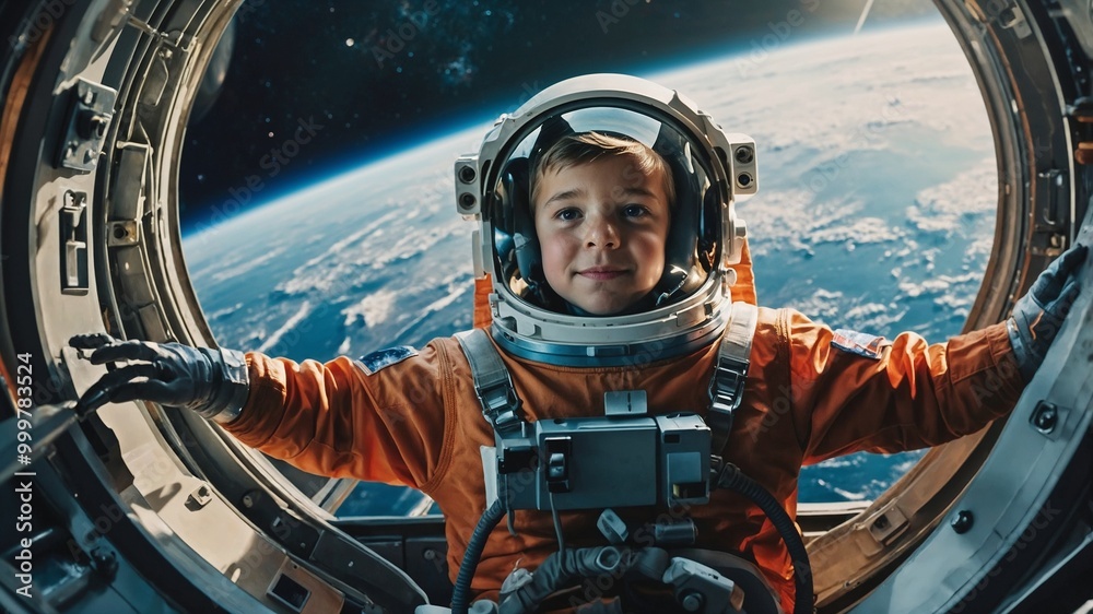Cute little boy in an astronaut helmet on the background of the Earth. Cute little boy in an astronaut helmet on the background of the Earth.