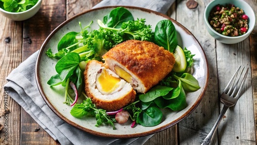 Delicious chicken Kiev served on a rustic plate with fresh greens and a side of tangy capers in a cozy dining setting