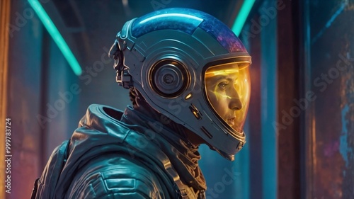 Astronaut in space suit and helmet. Futuristic spaceship.