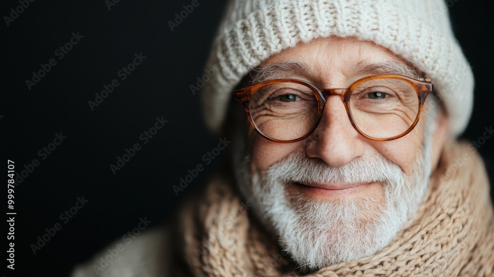 An elderly man warmly dressed in winter attire, including a knit hat and scarf, smiles gently. His warm expression is captured beautifully in this cozy scene. An elderly man warmly dressed in winter attire, including a knit hat and scarf, smiles gently. His warm expression is captured beautifully in this cozy scene.
