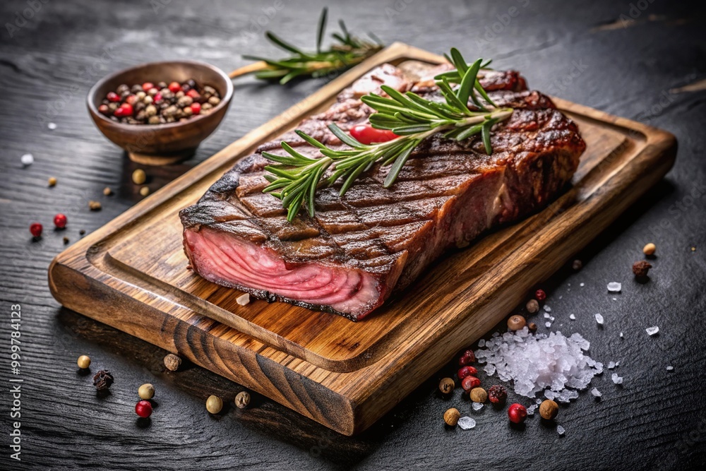 Fototapeta premium Grilled beef steak on a cutting board with herbs and spices