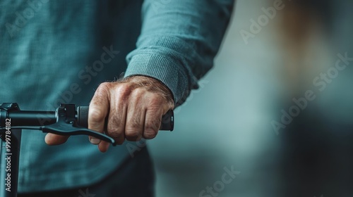 A man grips the handle of an electric scooter in this close-up shot, with his arm slightly bent. The composition highlights the texture of the hand and the scooter handle.