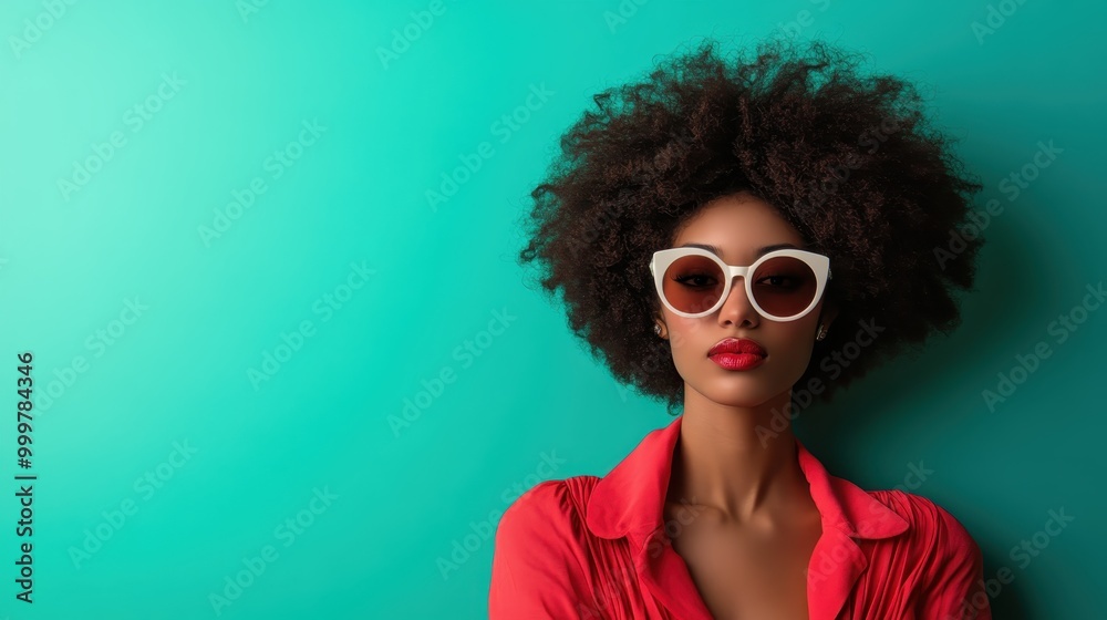 A striking woman with an afro hairstyle wearing a red blouse, set against a teal backdrop. The vibrant colors highlight her confident expression in the portrait. A striking woman with an afro hairstyle wearing a red blouse, set against a teal backdrop. The vibrant colors highlight her confident expression in the portrait.