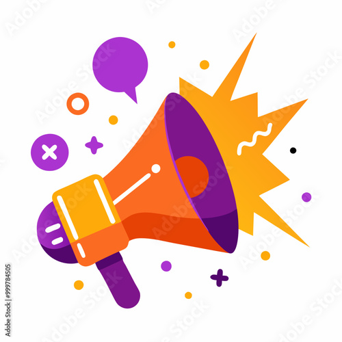 A vibrant illustration of a megaphone with a colorful background. The megaphone is angled to the side, symbolizing an announcement.