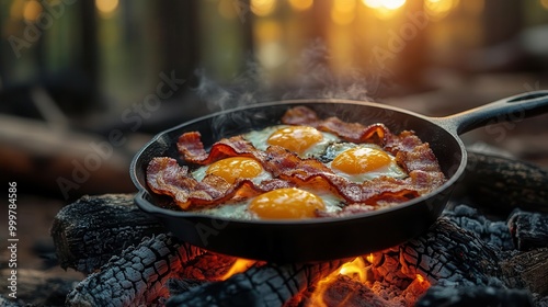 rustic campfire breakfast sizzling bacon and eggs in cast iron skillet misty forest backdrop warm golden light