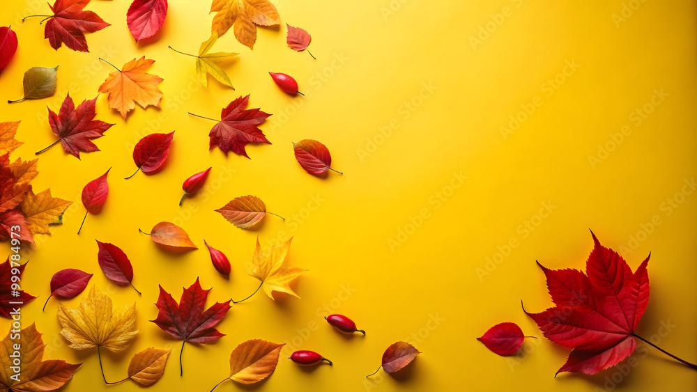 Fototapeta premium Autumn maple leaves on yellow background. Top view with copy space